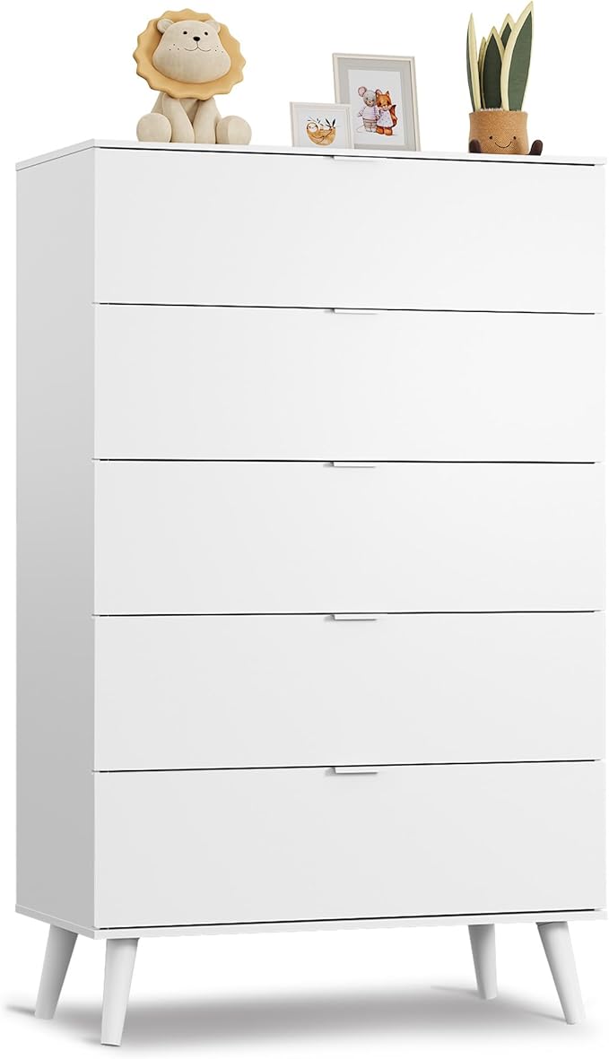 WLIVE 5 Drawer Dresser for Bedroom, Tall Wooden Dresser, White Dressers Storage Organizer with Sturdy Metal Handle, Chest of Drawers for Living Room, Hallway, Closet