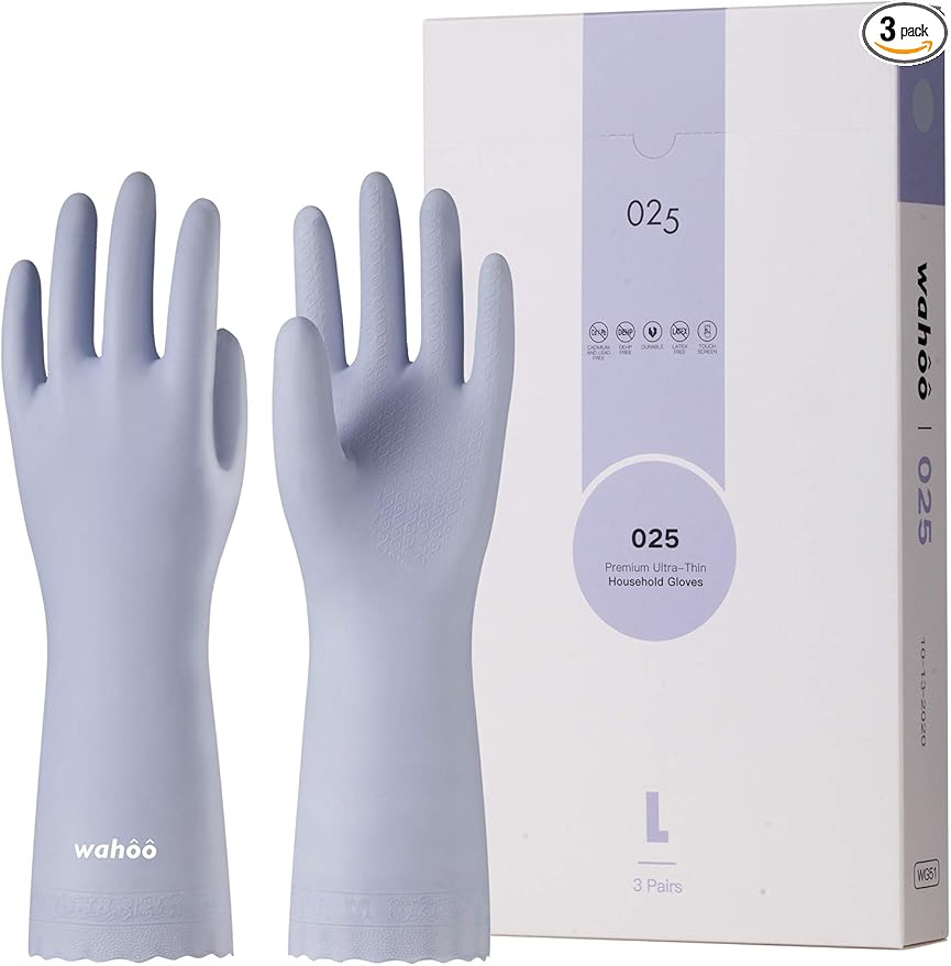 LANON 3 Pairs wahoo Skin-Friendly Cleaning Gloves, Unlined Dishwashing Kitchen Gloves, Reusable, Non-Slip, Icelandic Blue, Medium