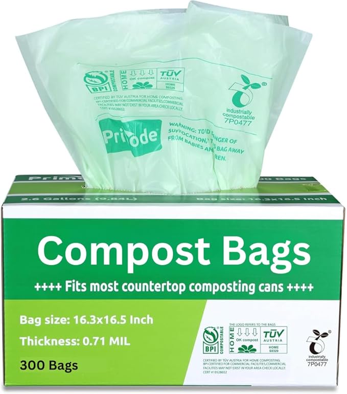 Compost Bags, Compostable Trash Bags 2.6 Gallon Compostable Bags Small 300 Count Compost Bags for Countertop bin Extra Thick 0.71 Mil. ASTM D6400 Certified By BPI and TÜV AUSTRIA 2.6 Gallon, 300 Units