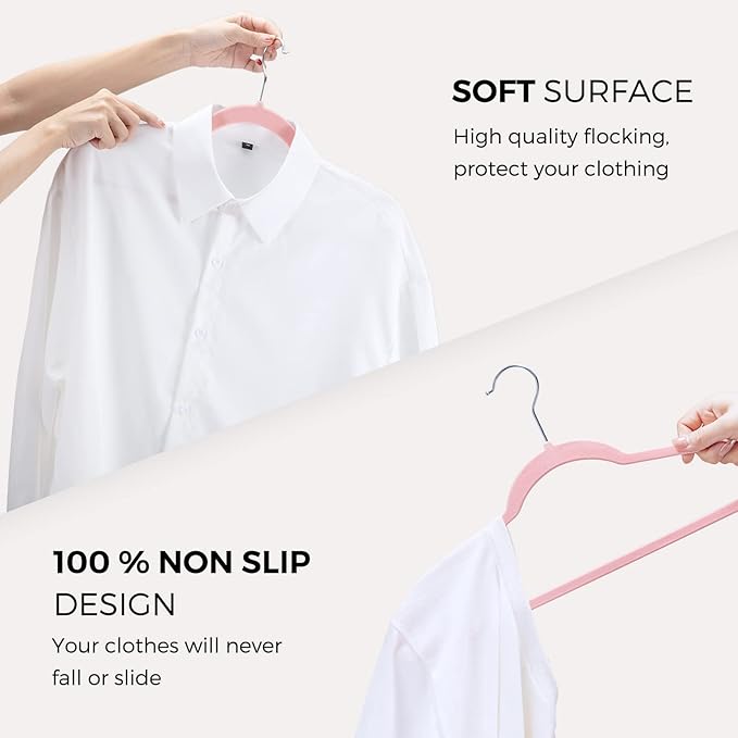 HOUSE DAY Premium Velvet Hangers 100 Pack Light Pink, Non-Slip Flocked Felt Hangers, Sturdy Clothes Hanger with 360° Rotatable Hook, Heavy Duty Durable Slim Coat Hanger for Closet Space Saving