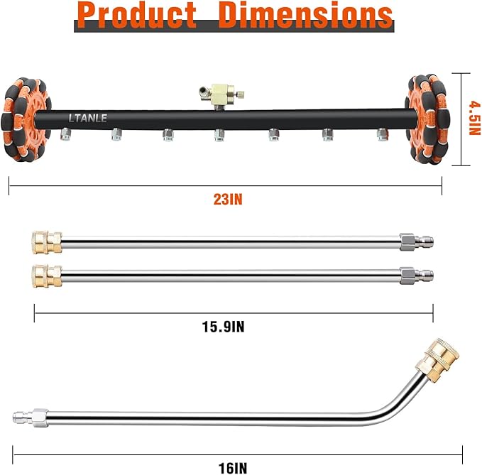 LTANLE 2-in-1 Can Move Horizontally Pressure Washer Undercarriage Cleaner Water Broom，23" Surface Cleaner Power Washer Attachment with 7 Nozzles 3 Extension Rods andSpare Wheel，4000 PSI