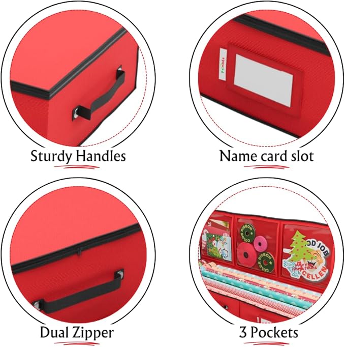 Primode Wrapping Paper Storage Container | Gift Wrap Organizer Under Bed | 41”x14”x6” | Fits 18-24 Rolls Up to 40” | 600D Oxford | Box Holder with Pockets for Ribbon, Bows and Accessories (Red)