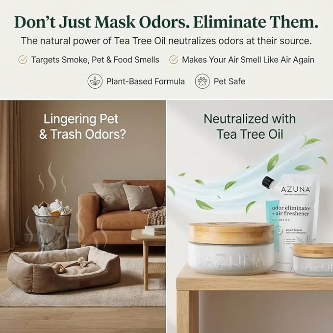 Azuna Air Freshener & Odor Eliminator for Strong Odor | 2 Room Kit Includes (2) 8 oz. Empty Luxe Glass Jars & 12 oz | Refill with Tea Tree Essential Oil Gel | Amalfi Breeze | Last 60-90 Days