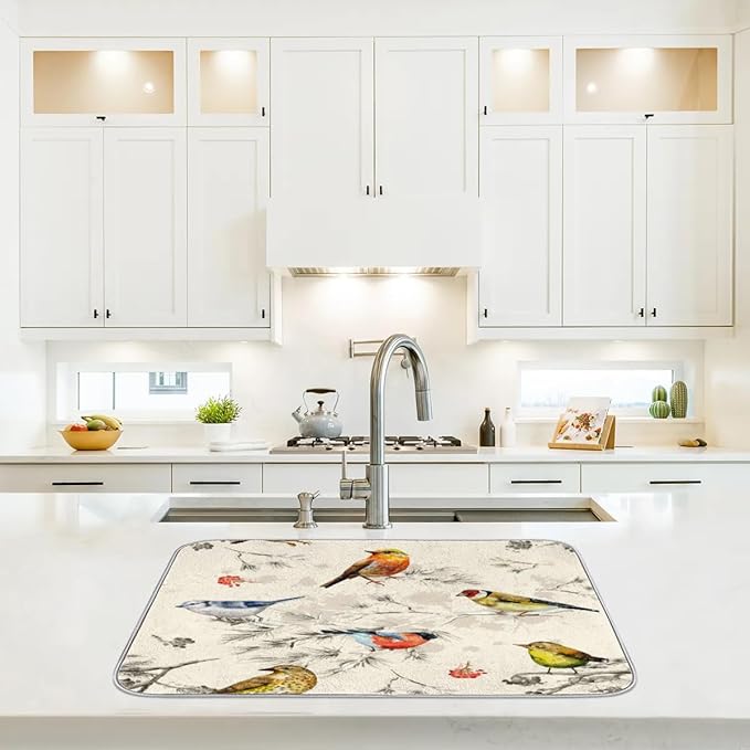 Hexteria Vintage Birds Dish Drying Mat for Kitchen Counter, Absorbent Reversible Microfiber Dish Drying Pad Kitchen Drying Mat for Home Decor, 16 x 18 inch