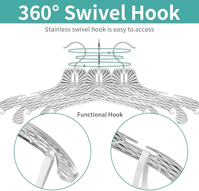 Crystal Clear Plastic Hangers - 20 Pack, Non-Slip, Heavy Duty, Open Notch Shirt & Dress Hangers with Diamond Crystal Cut Pattern