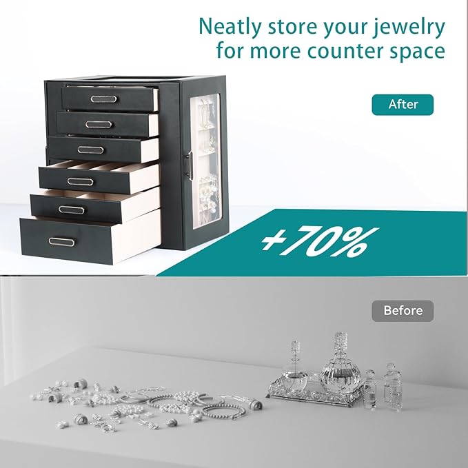 Jewelry Boxes for Women, 6 Layer Jewelry Organizer with Glass Lids, Jewelry Holder Organizer with 5 Drawers and 2 Glass Doors for Jewelry Storage, Big Jewelry Box for Womens Gift (Black)