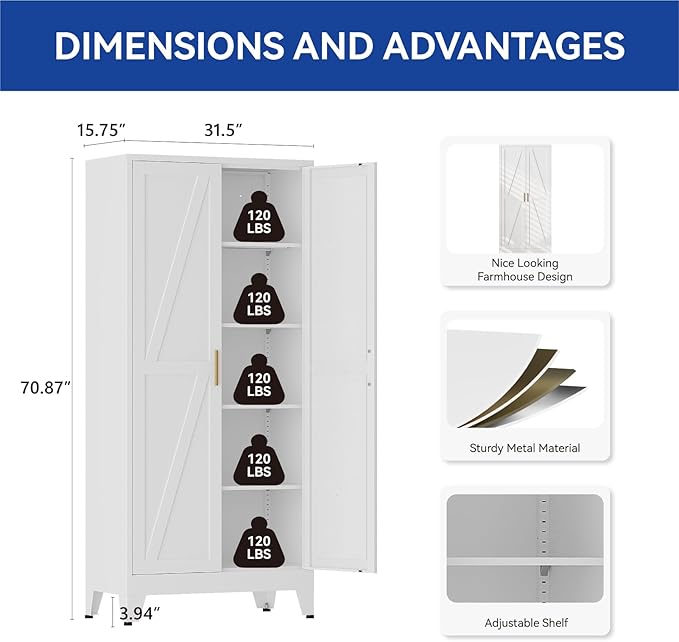 COFaR 71'' Tall Metal Pantry Cabinet, Kitchen Storage Cabinet with Doors and Shelves, Freestanding Farmhouse Food Cupboard for Kitchen Dinning Room Garage, White 5-Tier