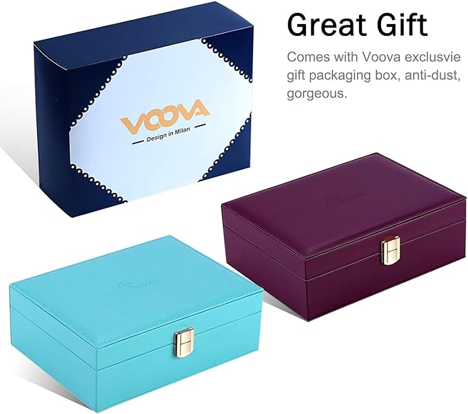 Voova Jewelry Box Organizer for Women Girls, 2 Layer Large Men Jewelry Storage Case, PU Leather Display Jewellery Holder with Removable Tray for Necklace Earrings Rings Bracelets, Gift, Teal/Lake Blue