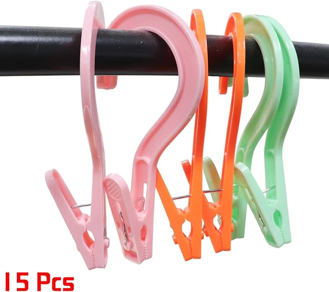 15PCS Laundry Hooks with Clips 5.2 Inches Multi Function Dual Use Thickened Colored Plastic Clothespins Drying Storage Tools for Boot Racks Travel Hanging Towels Hats Socks Coats
