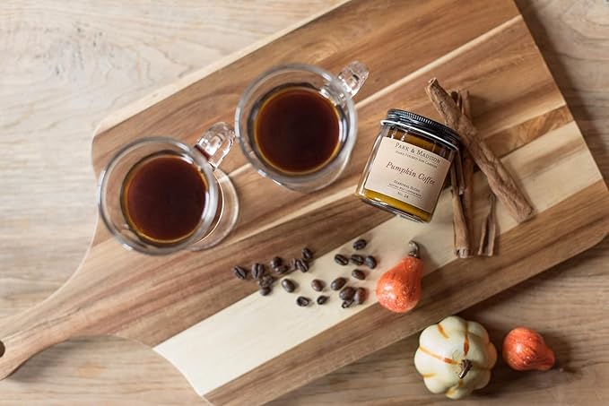 Park & Madison Pumpkin Coffee Soy Candle – Fall Scented Pumpkin Spice Candle with Coffee, Cinnamon, Ginger, Clove & Vanilla – Non-Toxic, Hand-Poured Fall Décor Amber Jar (8 oz)