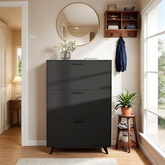 Black Shoe Storage Cabinet - Fit up to Size 16, 3 Flip Drawers, Wooden Organizer for Entryway, Closet, Living Room