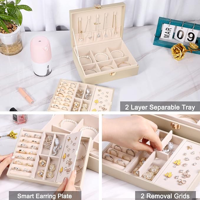 Voova Jewelry Box Organizer for Women Girls, 2 Layer Large Men Jewelry Storage Case, PU Leather Display Jewellery Holder with Removable Tray for Necklace Earrings Rings Bracelets, Vintage Gift,Apricot