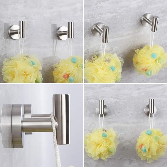Brushed Stainless Steel Towel Coat Hooks Bathroom Clothes Garage Hotel Cabinet Closet Sponges Robe Hook Wall Mounted Round Kitchen Heavy Duty Bath Door Hanger 2 Pack