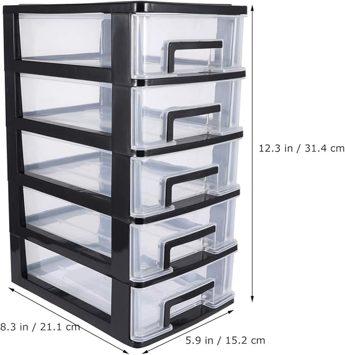 PATKAW Multifunctional Five- layer Storage Cabinet, 8.3x5.9x12.3inch, 5 Plastic Storage Drawers, Organizer Box, Storage Container Case with Clear Drawer, Organizer Sundries Holder| Black