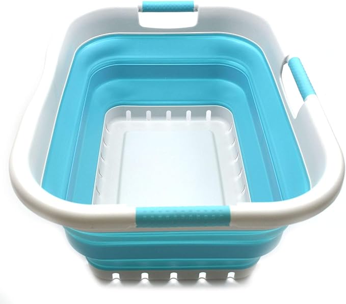 SAMMART 41L (10.8 gallon) Set of 2 Collapsible 3 Handled Plastic Laundry Basket-Foldable Pop Up Storage Container/Organizer-Space Saving Hamper/Basket (2, Grey/Bright Blue)