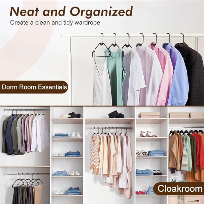 HOUSE DAY Black Plastic Hangers 60 Pack, Lightweight Clothes Hangers with Non-Slip Shoulder Grooves - Space-Saving, Durable & Reinforced Edges Coat Hanger for Closet Organization (Made in USA)