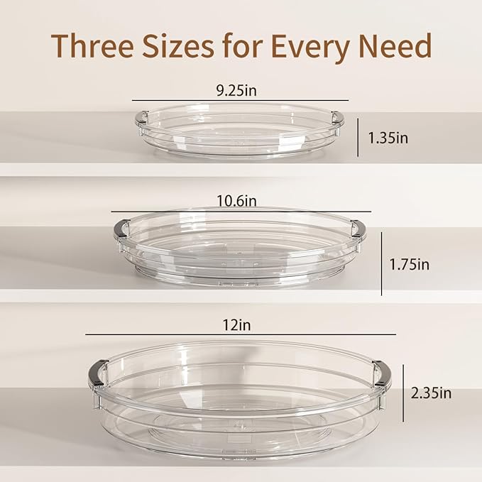 KEGFRE 3 Pack Lazy Susan Organizer, Rotating Turntable Spice Rack for Kitchen Storage, Pantry, Cabinet, Fridge & Countertop, Condiment & Seasoning Holder, 9.25", 10.6", 12", Clear