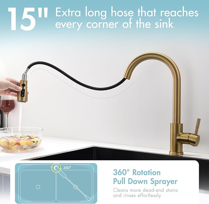 GIMILI Gold Kitchen Faucet with Pull Down Sprayer Single Hole Kitchen Sink Faucet Suitable for Farmhouses RV Laundry Room Outdoor and Campers