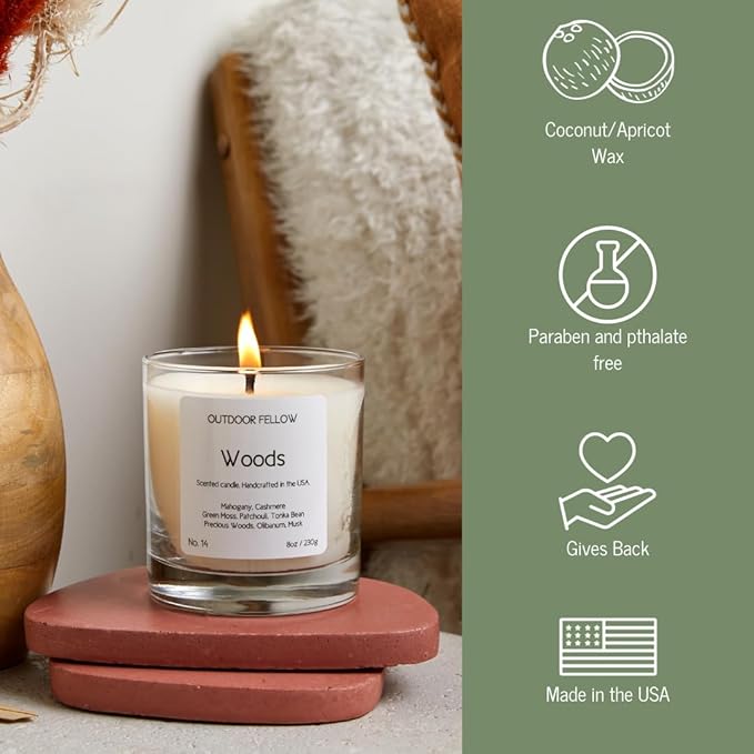 Outdoor Fellow Woods Scented Candle, 8oz, Coconut & Apricot Wax Blend, Mahogany, Cashmere, Patchouli, Tonka Bean, 40-50 Hour Burn Time, Earthy Home Fragrance