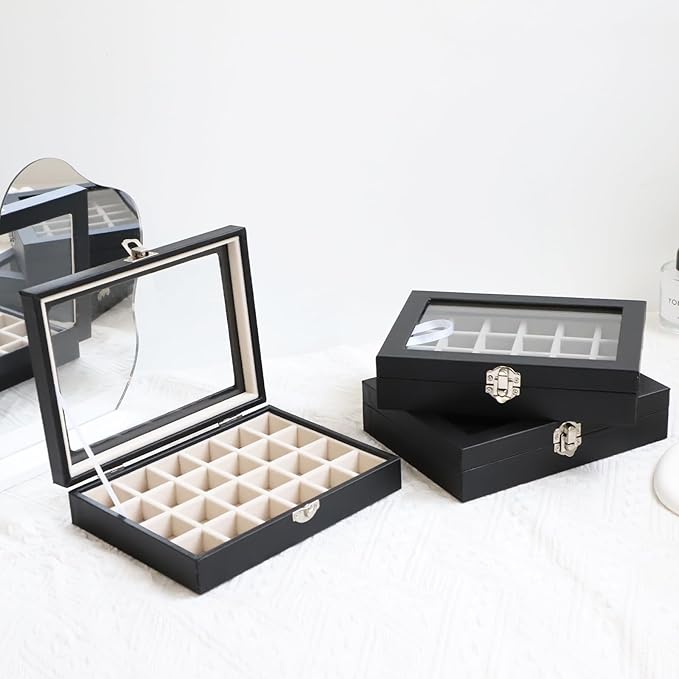 Wudygirl Jewelry Organizer Small Jewelry Box Jewelry Tray with Lid Velvet Earring Organizer Jewelry Earrings Holder Ring Display Storage Ring Box for Women 24 Grid (Black)