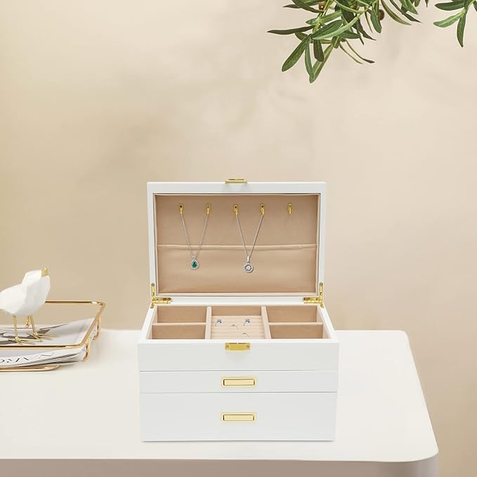 3 Layers Jewelry Storage Box with 2 Drawers, Large Wooden Jewelry Box for Women and Girls Necklace Ring Watch Organizer, White