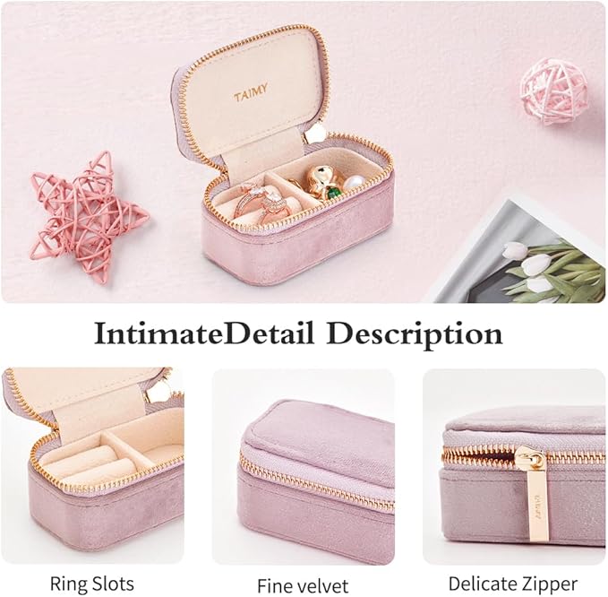 TAIMY Small Travel Jewelry Case, Mini Tiny Plush Velvet Jewelry Box for Women and Girls, Pocket Size Jewelry holder organizer for Rings Earrings and Small Items(Pink)