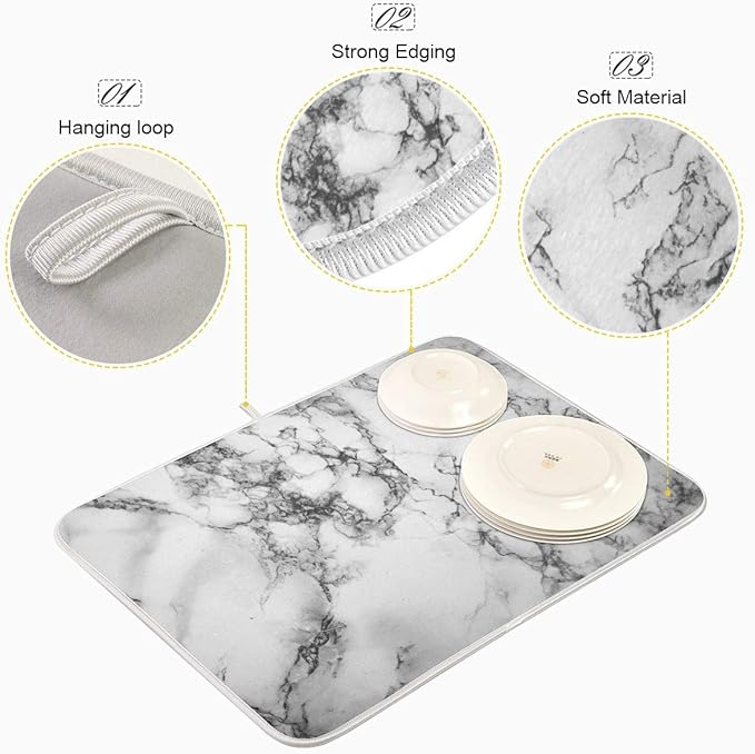 Black Grey Marble Dish Drying Mat 18x24 for Kitchen White Marble Print Dishes Pad Dish Drainer Rack Mats Absorbent Fast Dry Kitchen Accessories