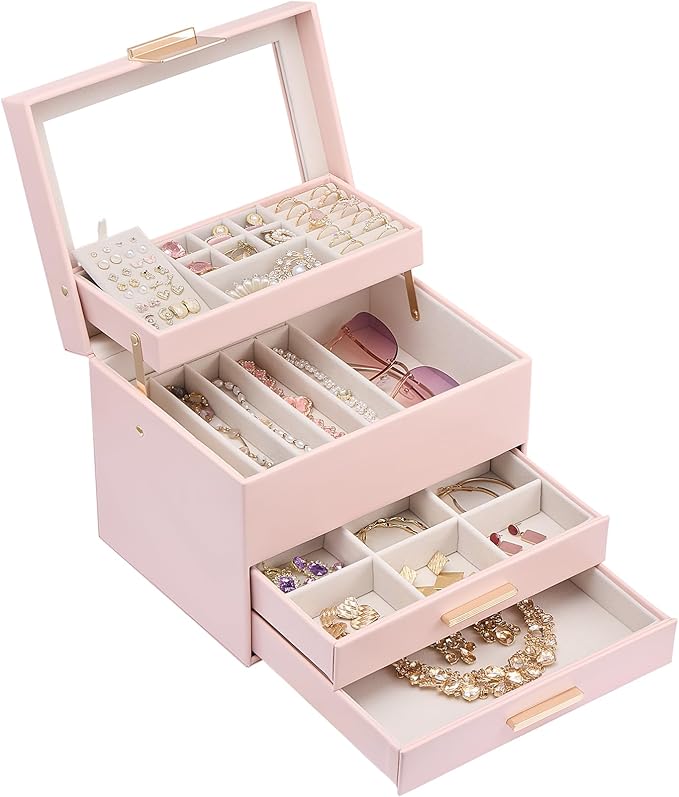 Lolalet Jewelry Box, Clear Window Jewelry Organizer with Drawer for Earrings Bracelets Necklaces Rings, Jewelry Storage for Women -Pink, 4 Layers