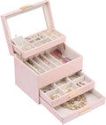 Lolalet Jewelry Box, Clear Window Jewelry Organizer with Drawer for Earrings Bracelets Necklaces Rings, Jewelry Storage for Women -Pink, 4 Layers