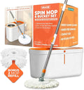 Grazie Spin Mop & Bucket Set - 360° Self-Wringing System, Stainless Steel Handle - Hands-Free Floor Cleaning for Hardwood, Tile, Laminate - Includes 2 Washable Microfiber Mop Head Refills