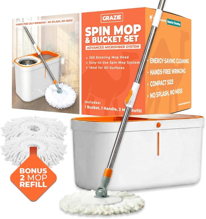 Grazie Spin Mop & Bucket Set - 360° Self-Wringing System, Stainless Steel Handle - Hands-Free Floor Cleaning for Hardwood, Tile, Laminate - Includes 2 Washable Microfiber Mop Head Refills