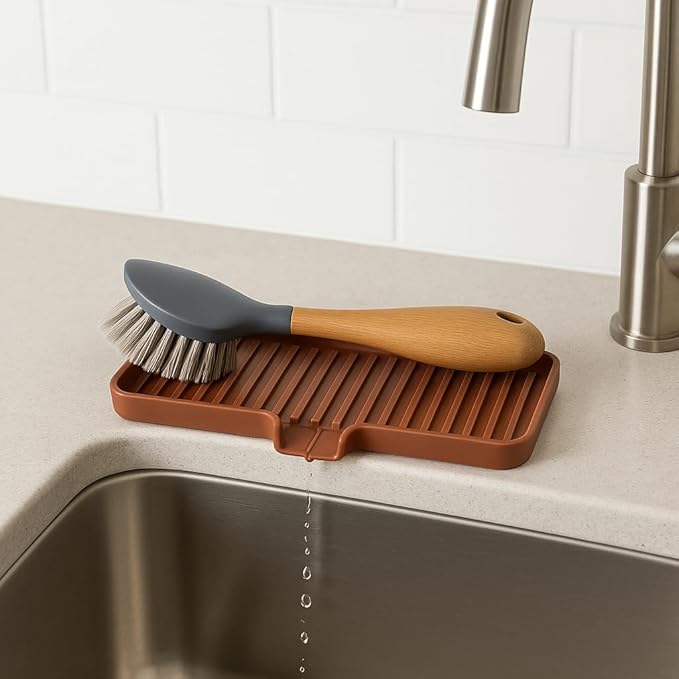 Happitasa Silicone Soap Dish Tray and Sponge Holder with Drain Chute | Bathroom and Kitchen Sink Organizer Caddy (Dark Chocolate, 9"x3.5", 5.6 Ounces)