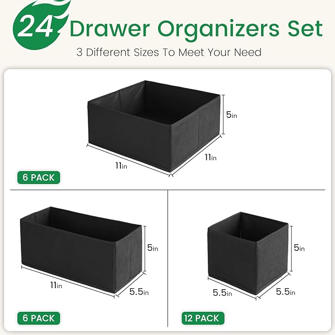 Criusia Drawer Organizer Clothes, 24 Pack Underwear Drawer Organizers, Foldable Closet Organizers and Storage Dresser Drawer Dividers Clothing Organizer for Clothes, Socks, Scarves, Bra, Ties (Black)