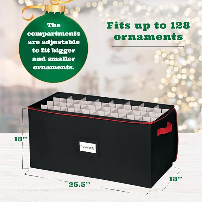 Christmas Ornament Storage Box - Large Christmas Decor Storage Containers that Store up to 128 Ornaments of 3 Inches - Durable Material To Protect And Store Holiday Ornaments Décor, Black