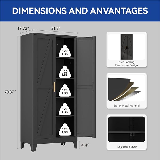 COFaR Wardrobe Closet with Doors, Metal Bedroom Armoire with Adjustable Hanging Rod and Shelves, Farmhouse Broom Closet Storage Cabinet for Garage Laundry Office, 70.87" H x 31.5" W x 17.72" D, Black