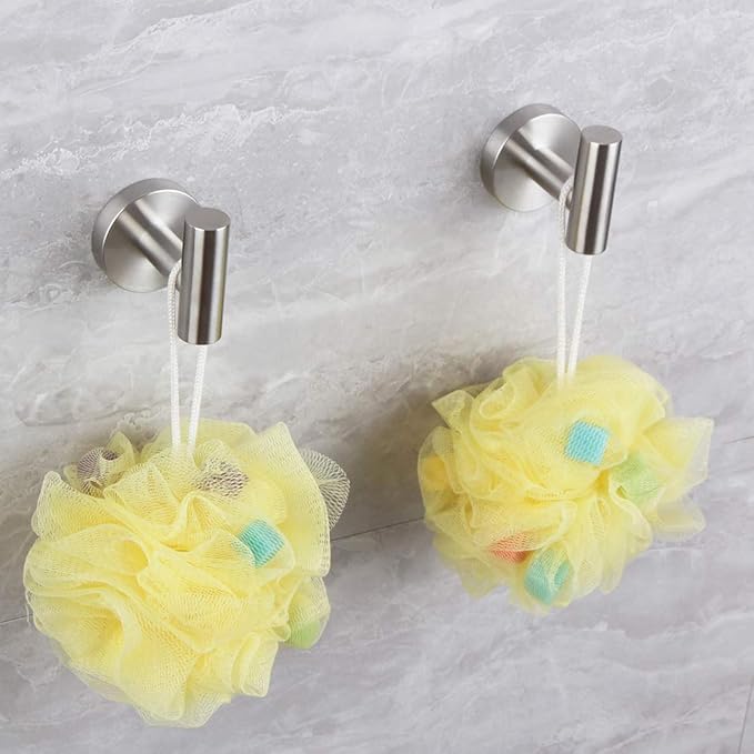 Brushed Stainless Steel Towel Coat Hooks Bathroom Clothes Garage Hotel Cabinet Closet Sponges Robe Hook Wall Mounted Round Kitchen Heavy Duty Bath Door Hanger 2 Pack
