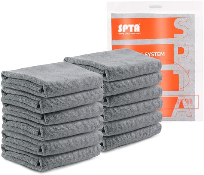 SPTA Microfiber Cleaning Cloth, Car Wash Towels, Terry Streak Free Reusable and Washable Premium Microfiber Towels for Cars, Pack of 12, 16"x16", Grey-MT041