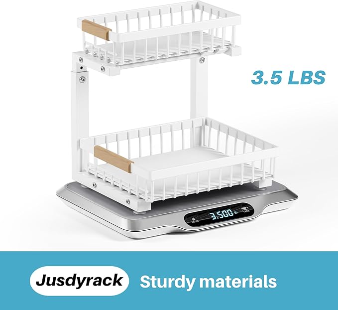 Jusdyrack 2 Packs Under Sink Organizer,Small Shelf for narrow spaces,2 Tiers Pull Out Under Cabinet Organizer,Adjustable Height,Slide Out Thickened Metal Under,White