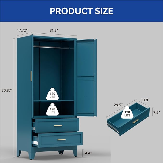 COFaR Metal Wardrobe Closet with Doors, 71'' Tall Farmhouse Bedroom Armoires with Drawers and Hanging Rod, Freestanding Steel Wardrobe Cabinet Coat Closet for Bedroom Home Office Garage, Peacock Blue