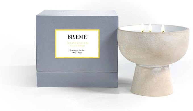 Blueme Happiness Candle | Yuzu & Ginger | 3 Wick - Refillable Wellness Candle with Essential Oils, Hand Finished & Poured Soy Wax Blend Ceramic Vessel, Natural Cotton Wicks | Medium 12 oz