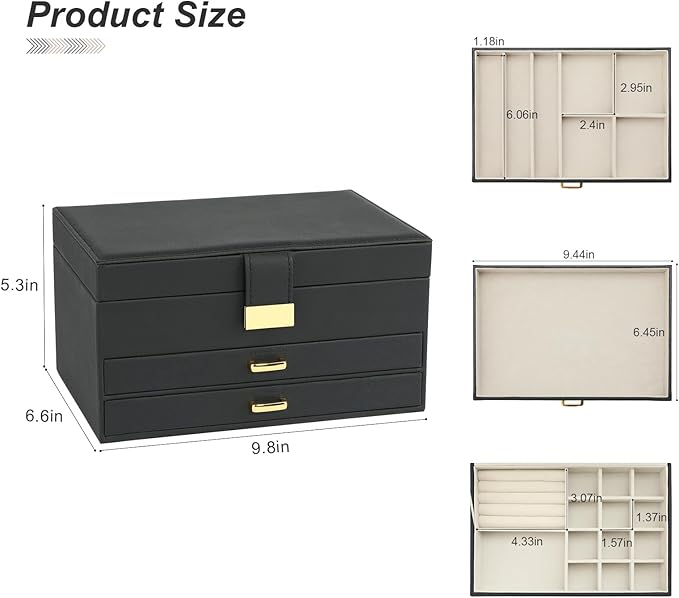 Jewelry Holder Organizer, Leather Jewelry Set Box with 2 Drawers, Jewelry Storage Box for Women Girls(Black)