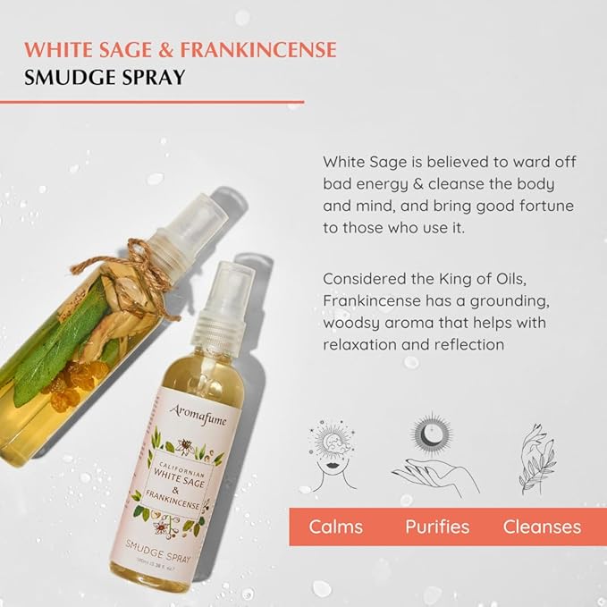 White Sage & Frankincense Smudge Spray by Aromafume | 100ml/3.3 oz | Sage Spray for Cleansing Negative Energy & Protection | Non-Toxic | Room Spray for Spiritual Cleansing, Smokeless Sage Smudging