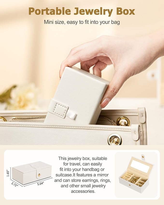 Homde 2 IN 1 Jewelry Box for Women Girls with Small Travel Case Mirror Necklace Ring Earrings Organizer(White + Gold)