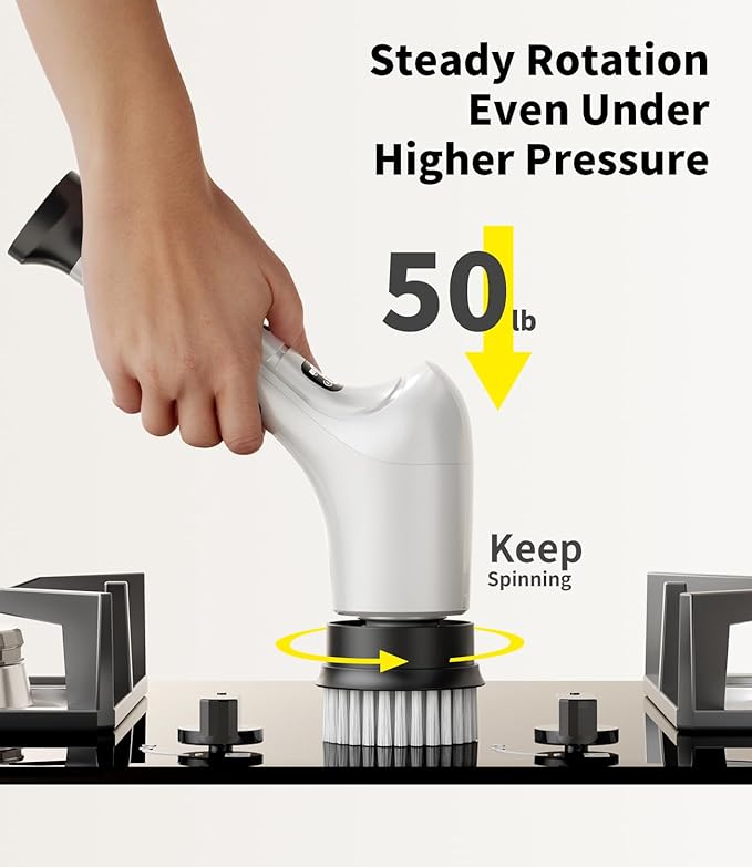 Electric Spin Scrubber, Cordless Household Cleaning Brush with 6 Replaceable Heads, 3 Speeds, LED Display, Lightweight Handheld Power Scrubber for Cleaning Stove/Bowl/Sink/Corner/Tile/Grout-White
