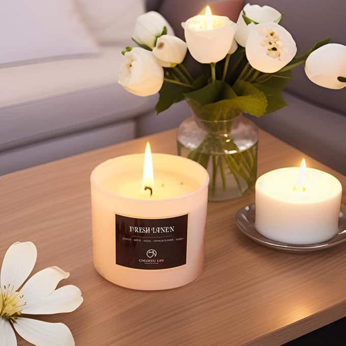 Chloefu LAN Fresh Linen Candles Laundry Candles Non-Toxic Air Freshening Scented Candle Decorative Pet Odor Eliminator for Home Luxury Scented Soy Jar Candle for Bathroom Decor 7.1 oz 2 Pack