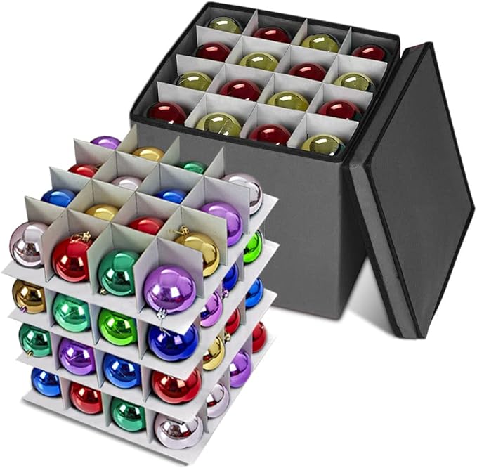 ProPik Christmas Ornament Storage Box, 4 Tier Holds Up to 64 Holiday Ornaments Decoration Balls, Storage Container with Dividers, Made with Durable 600D Oxford Polyester Material (Gray)