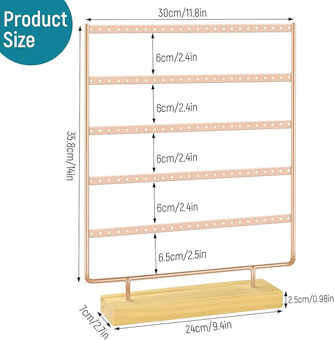5 Tier 120 Hole Earring Holder Organizer, Rust Proof Metal and Wooden Base Jewelry Organizers and Storage for 60 Pairs of Earrings, Suitable for Home Storage and Sales Display