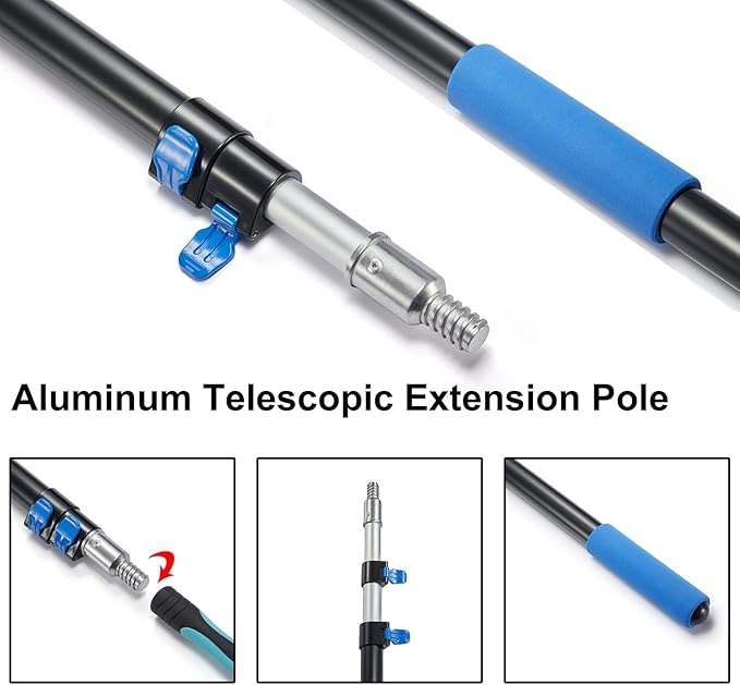 Hicavar 20 Foot High Ceiling Fan Duster with 5-12 Foot Extension Pole, Extendable Reusable Cobweb, Feather, Window Cleaning Squeegee Kit Blue