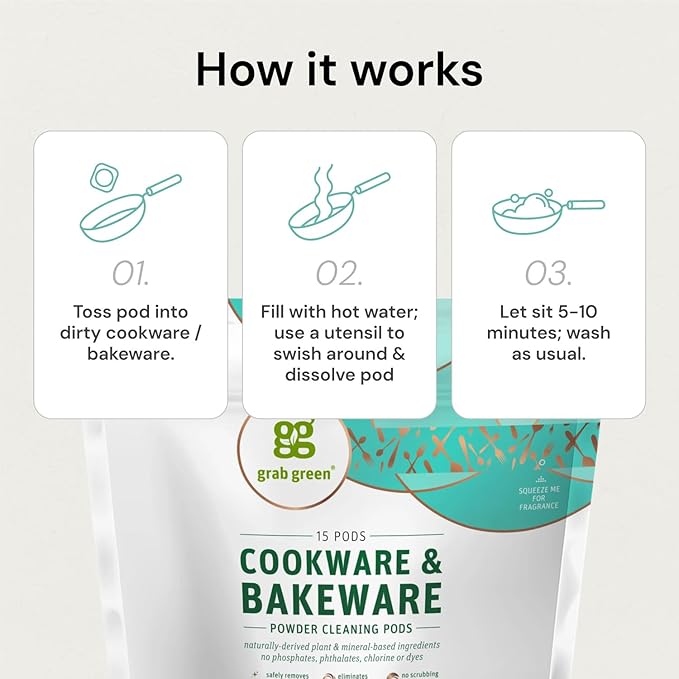 Grab Green Cookware and Bakeware Cleaner Pods, 60 Pods, Tangerine Lemongrass Scent, Plant and Mineral Based, Removes Burnt-On Food, Eliminates Stains