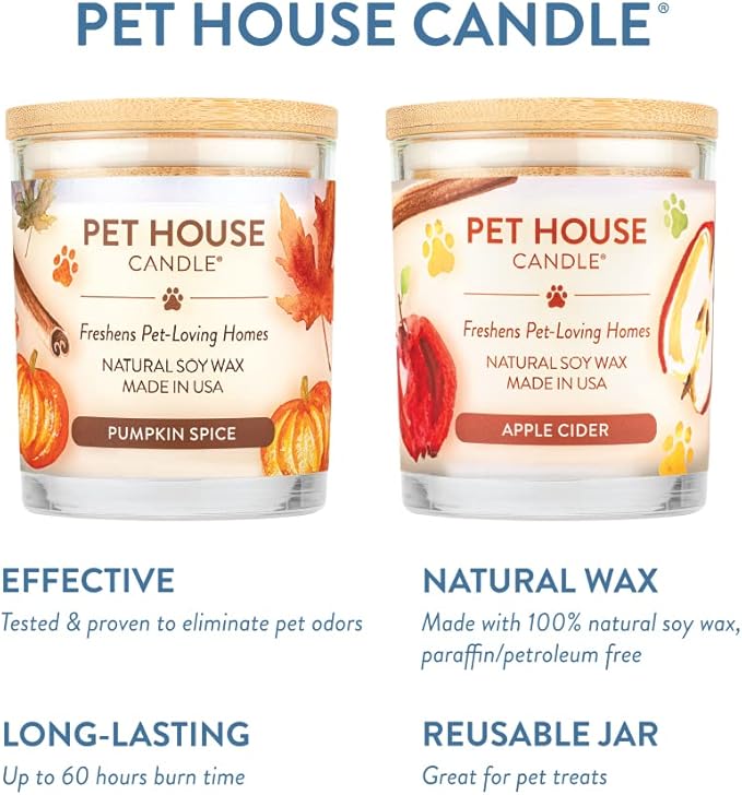 One Fur All Pet Odor Candles 2 Pack, Plant-Based Soy, Clean Burning Scented Candles for Pet Loving Homes - Pumpkin Spice, Apple Cider 2 Pack
